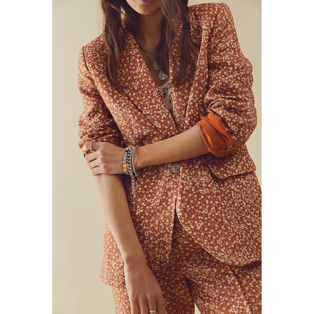 Free People Maggie Linen Blazer Rust Orange Floral Ditsy Print Size 12